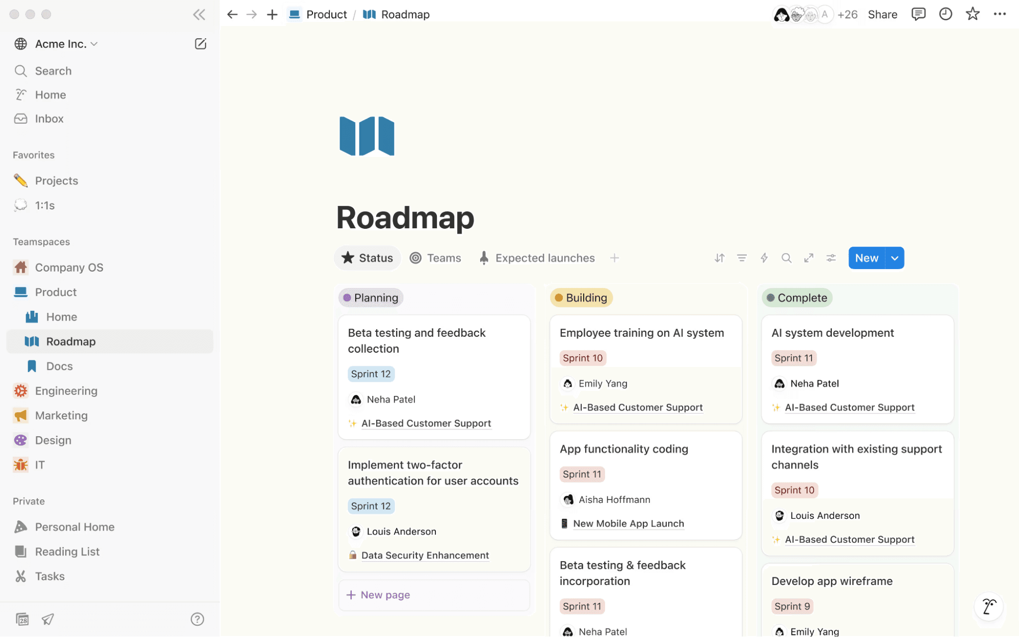 An example of a Notion Roadmap that links to specific sprints and teams