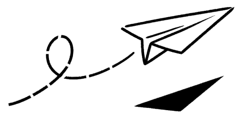 שרטוט קווי מינימליסטי בשחור-לבן של מטוס נייר העף באוויר.