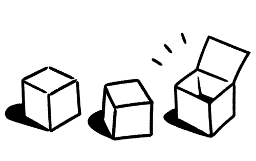 שרטוט קווי מינימליסטי בשחור-לבן של שתי קופסאות סגורות וקופסה אחת פתוחה.